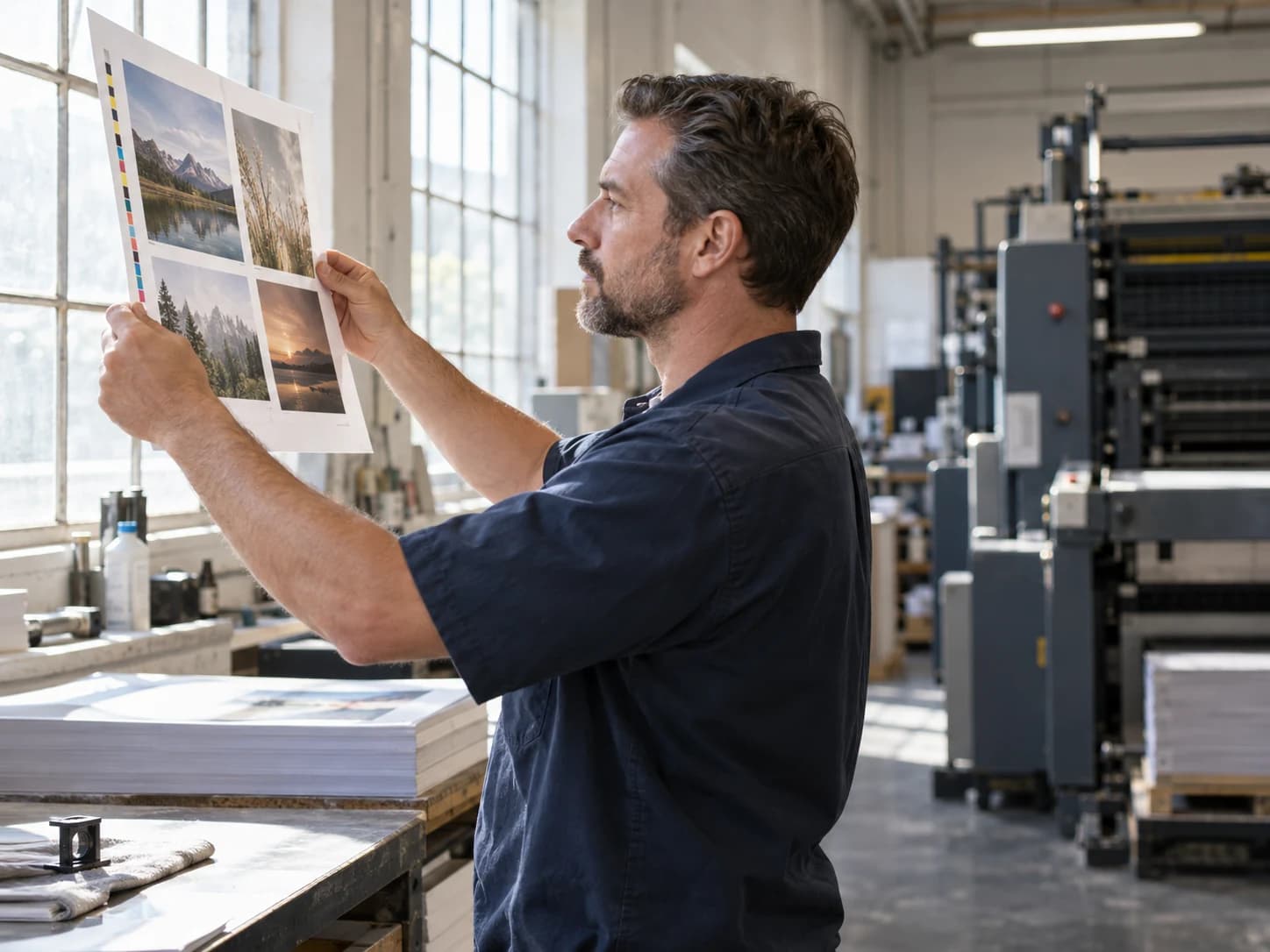 A print shop worker checking a proof sheet
