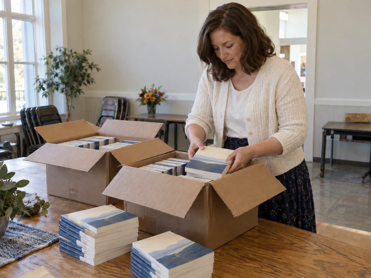 Boxes of books being unpacked at a church building