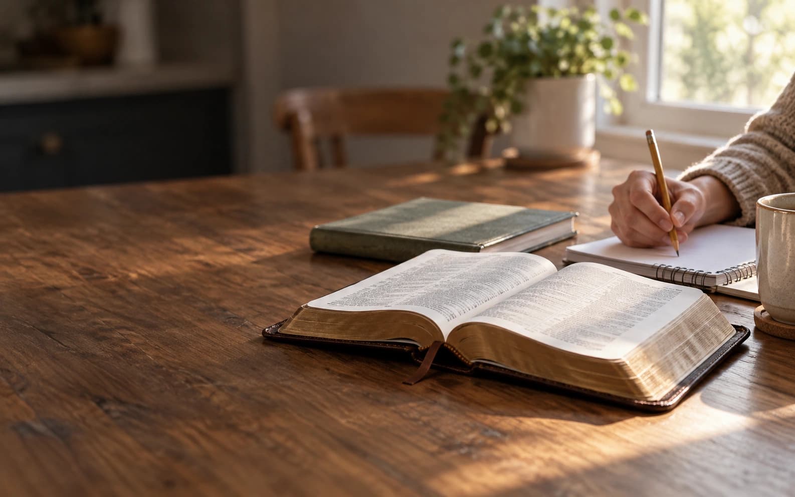 An open Bible and a study notebook on a kitchen table
